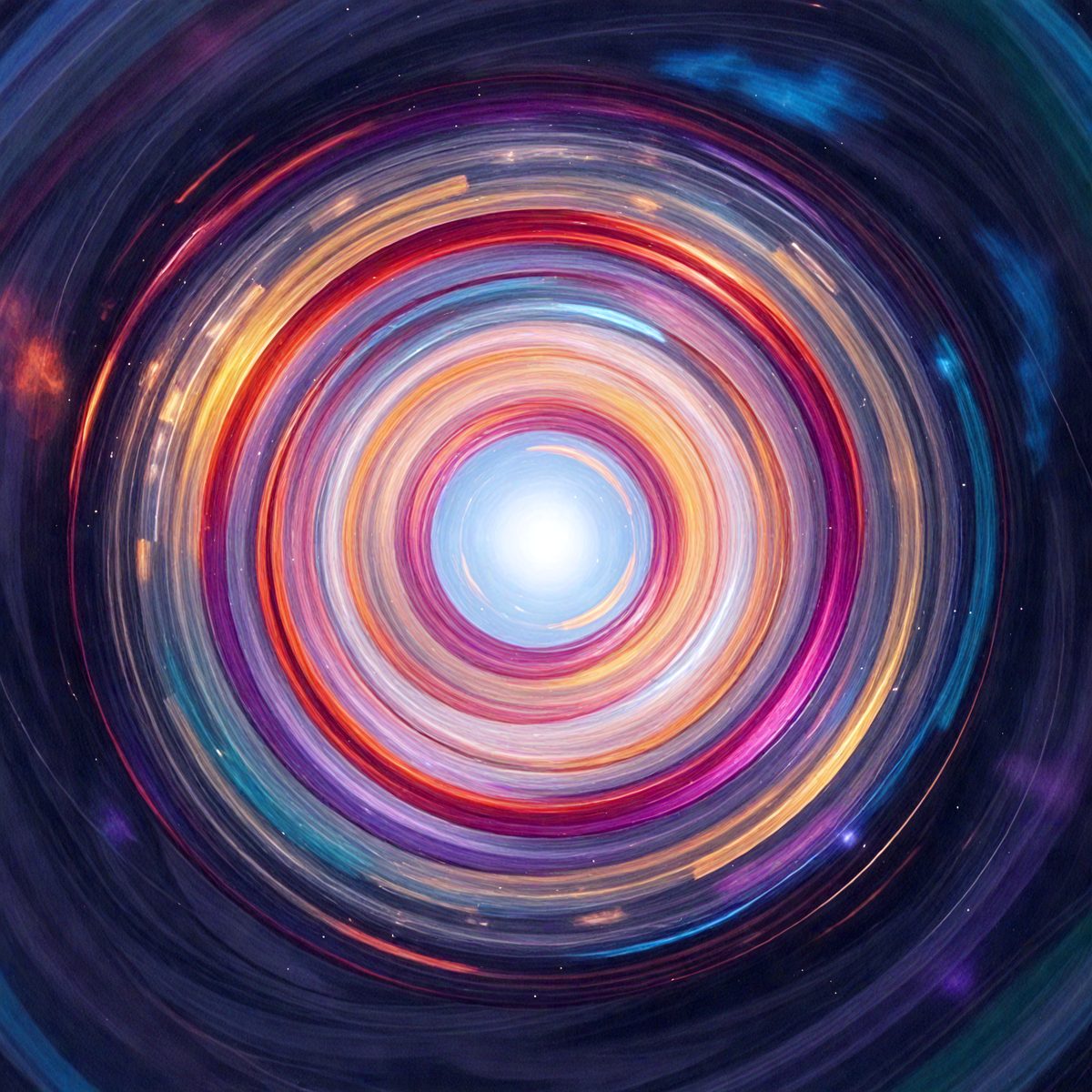 The primary subject of the image is a colorful, swirling circle. The circle is the main object, scene, or focus of the image. The setting or background of the image is a dark, swirling space. The visual style of the image is digital art, as it appears to be a digital illustration or drawing. The dominant colors and overall atmosphere of the image are vibrant and energetic, with the swirling circle creating a sense of motion and dynamism.